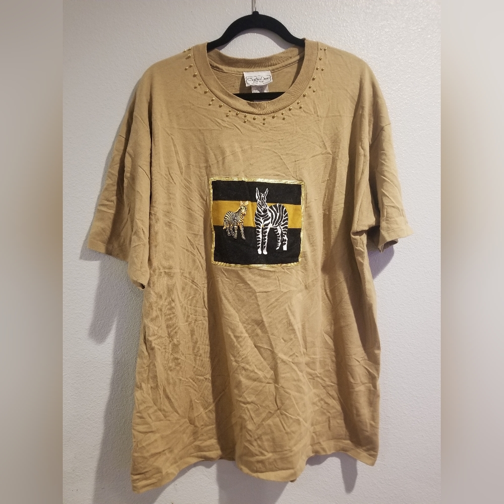 VTG Clodia Dee New York Women’s Zebra Embellished T-Shirt Brown L